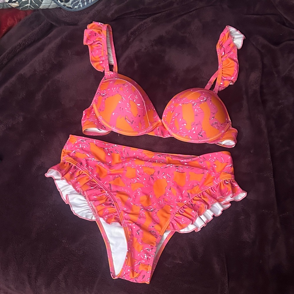3 Piece Pink and Orange Bikini/Skirt